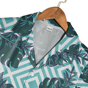 Monstera Leaf Hawaiian Shirt on Aqua White Diagonal Stripes