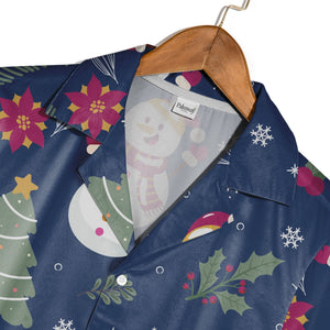 Navy Blue Snowman Holiday Hawaiian Shirt with Poinsettia Holly Pattern