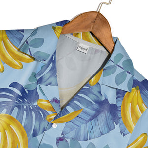 Painterly Banana Bunch Hawaiian Shirt with Tropical Leaves on Blue