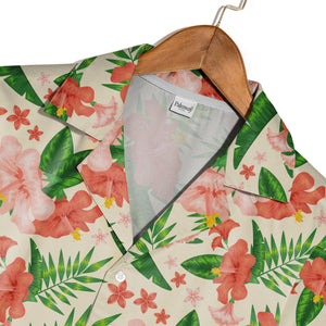 Pale Cream Bell Flower Hibiscus Hawaiian Shirt with Banana and Palm Fronds
