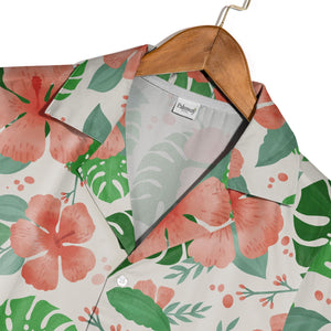 Pale Cream Pink Lily Hawaiian Shirt with Plumeria Monstera and Banana Leaves