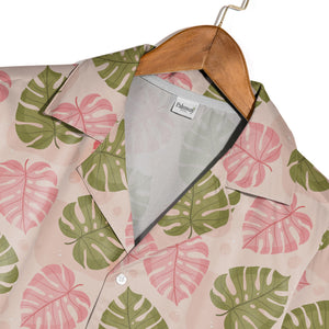 Pale Peach Pink Green Monstera Hawaiian Shirt with Speckled Modern Texture