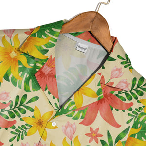 Pale Yellow Pink Hibiscus Hawaiian Shirt with Plumeria and Banana Leaves