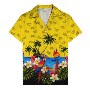 parrot paradise palm trees plumeria beach scene hawaiian shirt