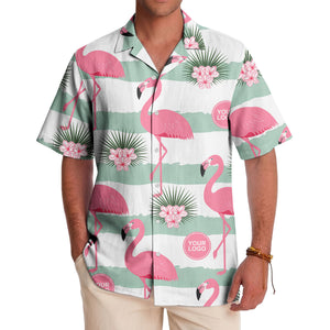 pink flamingos watercolor aloha shirt with mint stripes and tropical flowers hawaiian shirt