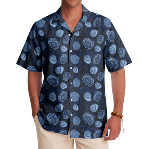 realistic seashell & spiral shell repeat navy blue hawaiian shirt