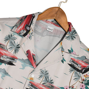 Retro Classic Car Hawaiian Shirt with Mountain Sunset Scene