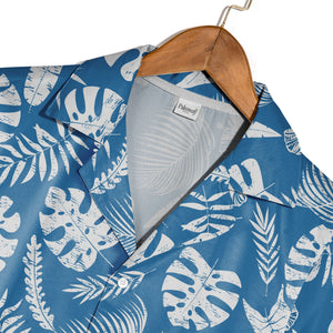 Royal Blue Vintage Distressed Hawaiian Shirt with Monstera and Hibiscus Fern