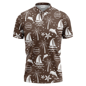 sailboats dolphins palm trees starfish repeat pattern black white polo shirt