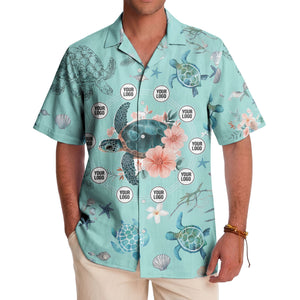 sea turtles swim through coral reef and hibiscus watercolor hawaiian shirt