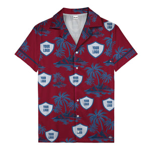 shield logo palm tree island scene navy blue hawaiian shirt for men