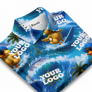 surfing ducks cruise ships palm waves fun cartoon polo shirt for men