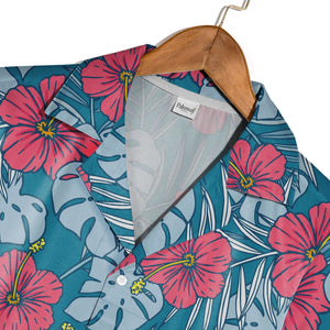 Teal Blue Playful Hibiscus Hawaiian Shirt with Coral Pink and Yellow Blooms