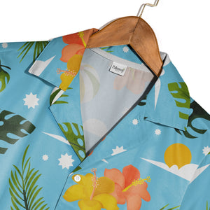 Teal Turquoise Coconut Cocktail Hawaiian Shirt with Palm Fronds and Plumeria