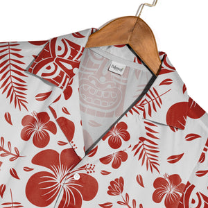 Terracotta Tiki Mask Hawaiian Shirt with Palm Fronds on White