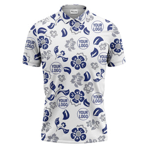 tropical blue floral logo repeating leaves polo shirt for men