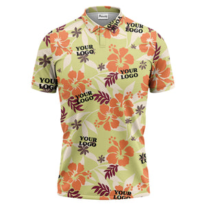 tropical illustrated floral paradise polo shirt bursting with hibiscus and palm leaves