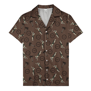 vintage hula dancers palm trees circular logo black hawaiian shirt for men