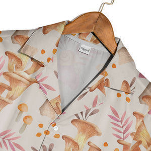 Watercolor Chanterelle Mushroom Hawaiian Shirt with Snails and Pink Leaves