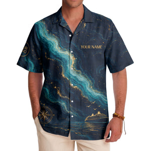 watercolor cruise ship & compass rose ocean waves nautical hawaiian shirt