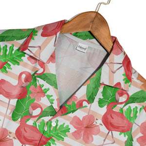 Watercolor Flamingo and Hibiscus Hawaiian Shirt Pink Stripes