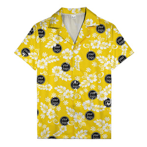 watercolor hibiscus blooms & custom logo navy blue hawaiian shirt