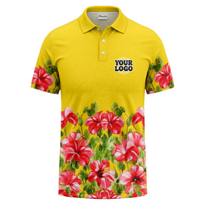 watercolor hibiscus & emerald leaf tropical polo shirt for men