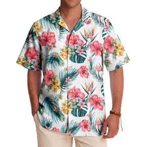 watercolor hibiscus palm birds of paradise hawaiian shirt for beach days