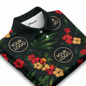 watercolor hibiscus & palm leaves tropical polo shirt for men