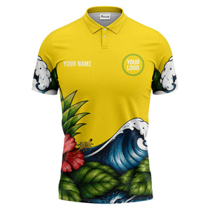 watercolor ocean wave palm leaf hibiscus floral navy blue polo shirt for men