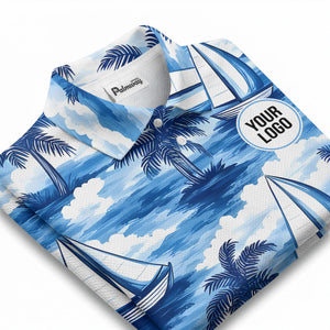 watercolor sailboats & palm trees ocean waves polo shirt for men