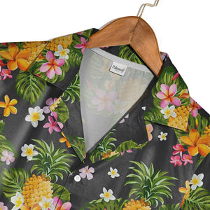 White Brushstroke Pineapple Hawaiian Shirt with Hummingbird on Navy