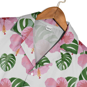 White Elegant Pink Rose Hibiscus Hawaiian Shirt with Fresh Monstera Leaves