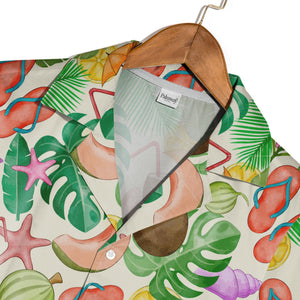 White Retro Doodle Palm Tree Hawaiian Shirt with Pineapple Geometric Pattern