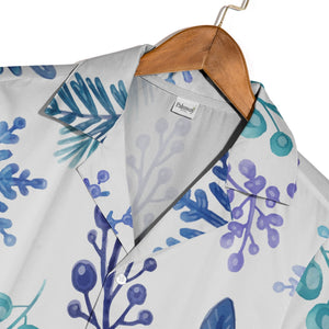 White Watercolor Branch Hawaiian Shirt with Blue Gradient Snowflakes