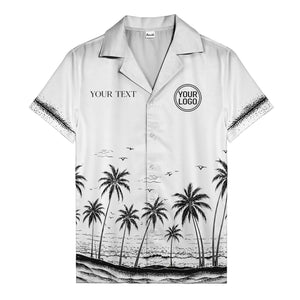 black and white palm trees & seagulls coastal scene hawaiian shirt