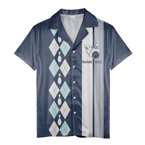 bowling argyle hawaiian shirt with pins & ball, retro sport aloha button down shirt