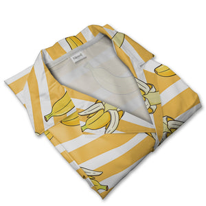 Cartoon Banana Hawaiian Shirt on Yellow and White Wavy Stripes