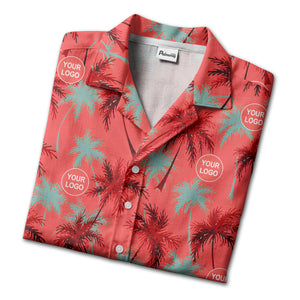 coral red watercolor palm trees & custom logos hawaiian shirt