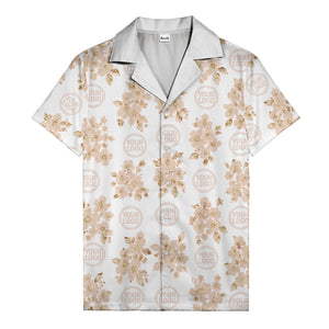 cream floral bouquets & gold circular logos watercolor hawaiian shirt