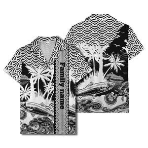 cruise ship & palm trees fish waves aloha hawaiian shirt