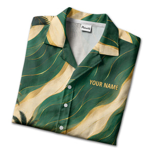cruise ship sailing into golden sunset palm trees hawaiian shirt