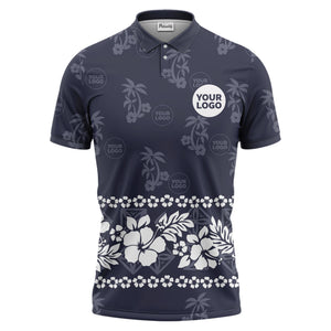 custom color tropical hawaiian polo shirt | hibiscus & palm tree all-over print