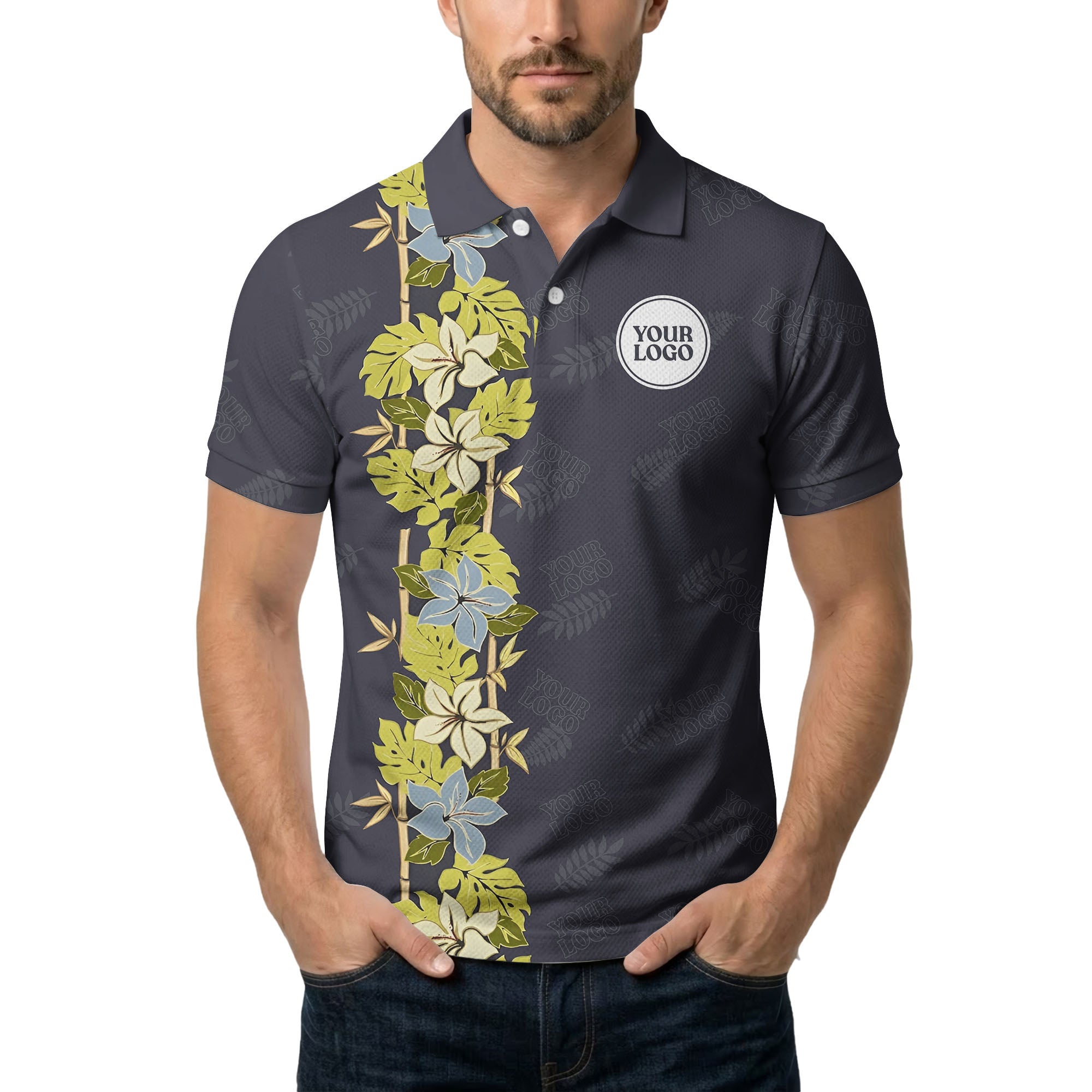 Custom Multi Color Bamboo Floral Pattern Polo Shirt with Tropical Greenery Nature Design
