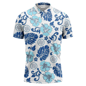 blue tropical floral polo hawaiian shirt