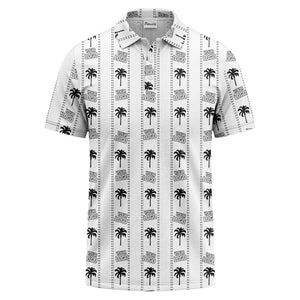 customizable palm trees & logo repeat graphic black white polo shirt