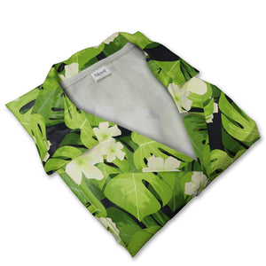 Dark Charcoal Grey Monstera Hawaiian Shirt with White Flowers and Lime Green