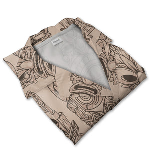 Dense Tiki Mask and Feather Hawaiian Shirt on Deep Teal