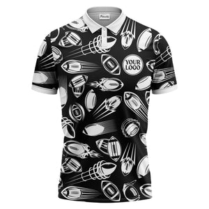 dynamic footballs & speed lines graphic black white sports polo shirt