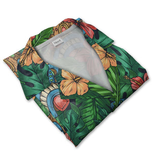 Festive Tiki Mask Hawaiian Shirt with Monstera on Navy Blue